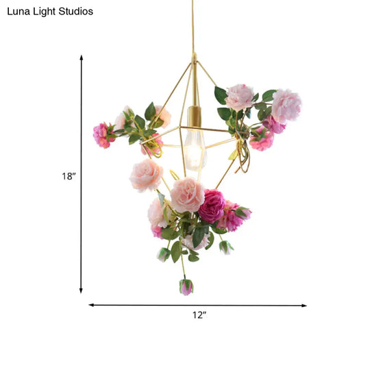 Vintage Diamond Cage Pendant Light Kit - 14’/18’ H 1-Light Metal Hanging Lamp In Gold With Faux
