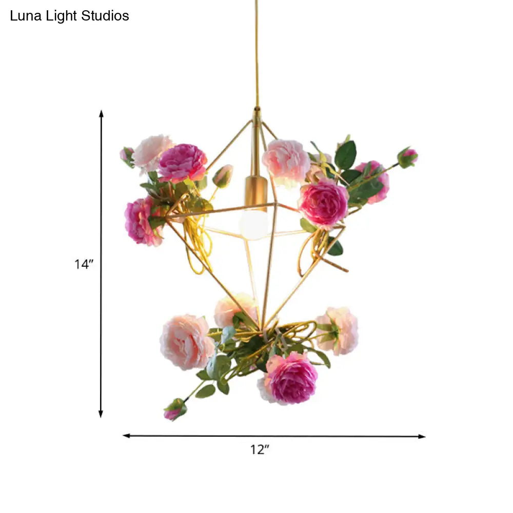 Vintage Gold Diamond Cage Pendant Light Kit - 14/18 H Dining Room Hanging Lamp With Fake Flower