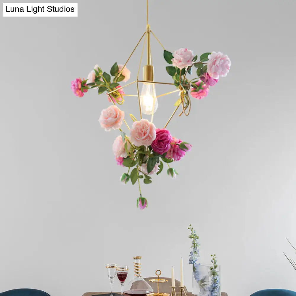 Vintage Gold Diamond Cage Pendant Light Kit - 14/18 H Dining Room Hanging Lamp With Fake Flower