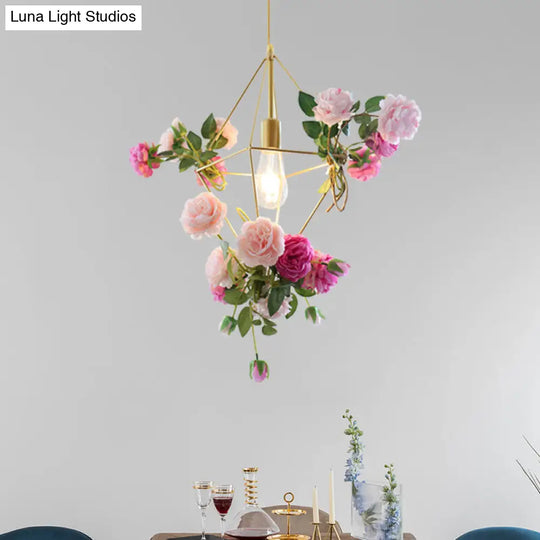 Vintage Gold Diamond Cage Pendant Light Kit - 14/18 H Dining Room Hanging Lamp With Fake Flower