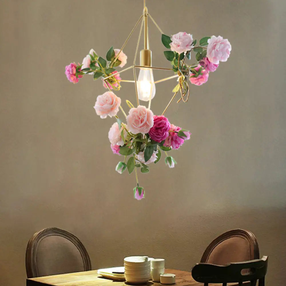 Vintage Diamond Cage Pendant Light Kit - 14’/18’ H 1-Light Metal Hanging Lamp In Gold With Faux