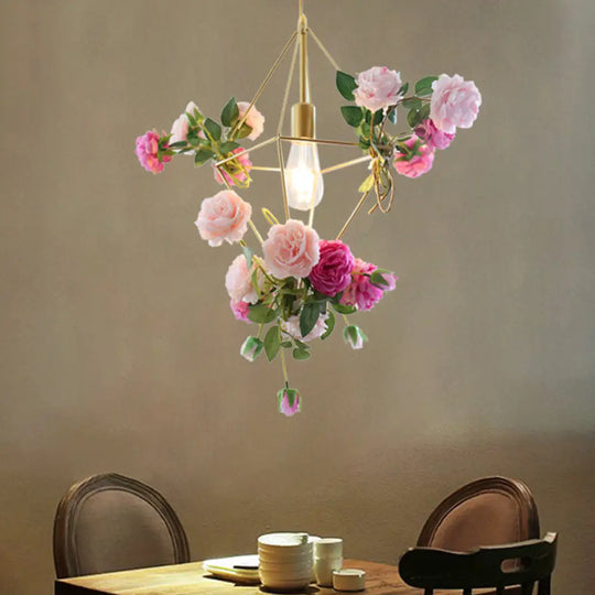 Vintage Diamond Cage Pendant Light Kit - 14’/18’ H 1-Light Metal Hanging Lamp In Gold With Faux