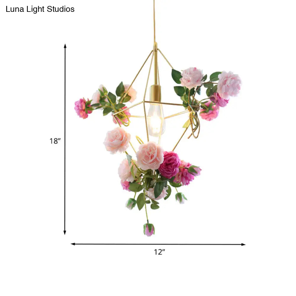 Vintage Gold Diamond Cage Pendant Light Kit - 14/18 H Dining Room Hanging Lamp With Fake Flower