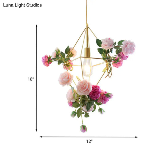 Vintage Gold Diamond Cage Pendant Light Kit - 14/18 H Dining Room Hanging Lamp With Fake Flower