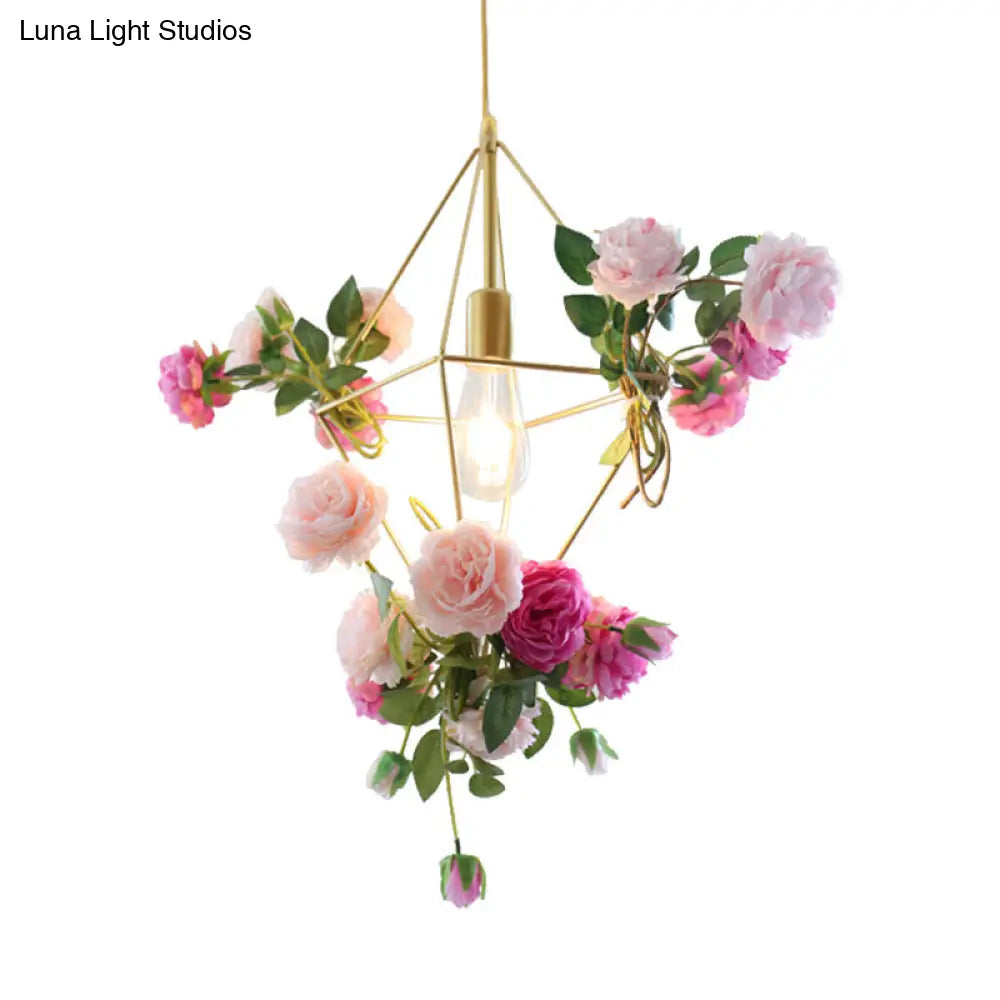 Vintage Gold Diamond Cage Pendant Light Kit - 14/18 H Dining Room Hanging Lamp With Fake Flower