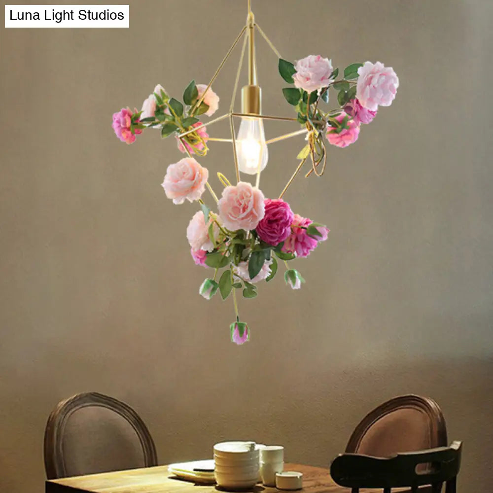 Vintage Gold Diamond Cage Pendant Light Kit - 14/18 H Dining Room Hanging Lamp With Fake Flower