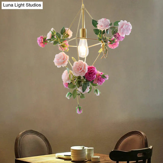 Vintage Gold Diamond Cage Pendant Light Kit - 14/18 H Dining Room Hanging Lamp With Fake Flower