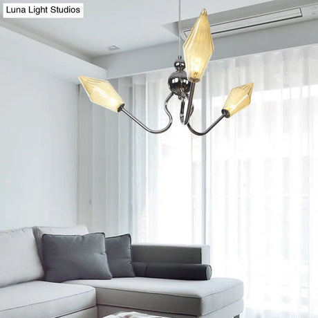 Vintage Diamond Hanging Lamp: Amber/Clear Glass 3-Head Chandelier With Adjustable Cord -