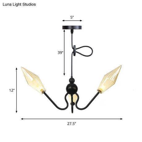 Vintage Diamond Hanging Lamp: Amber/Clear Glass 3-Head Chandelier With Adjustable Cord -