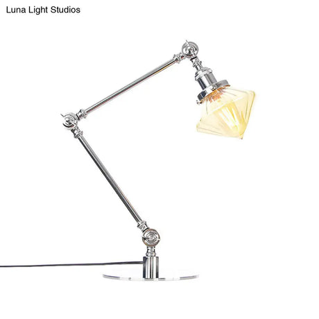 Vintage Diamond Shade Table Lamp: Amber/Clear Glass Adjustable Arm - Black/Brass