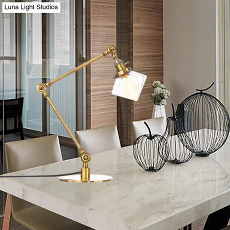 Vintage Diamond Shade Table Lamp: Amber/Clear Glass Adjustable Arm - Black/Brass