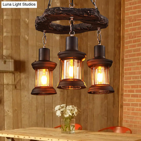 Vintage Distressed Wood Lantern Pendant Light With Clear Glass For Restaurants