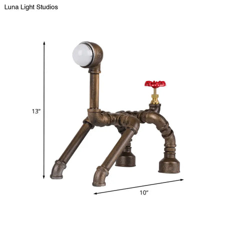 Vintage Dog Robot Small Brass Desk Lamp With Red Valve Deco - Ideal For Bedside