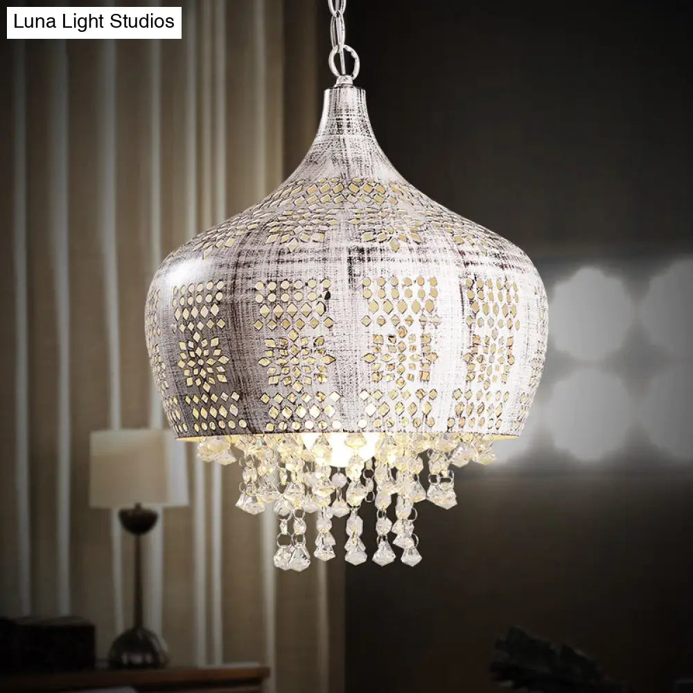 Vintage Dome Pendant Light With Crystal Deco And Pierced Design - Distressed White