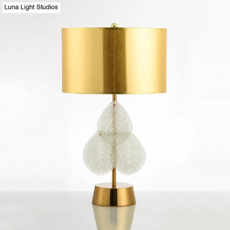 Vintage Drum Glass Table Lamp - White/Gold Finish With Crystal Leaf Decoration 1-Light Bedside