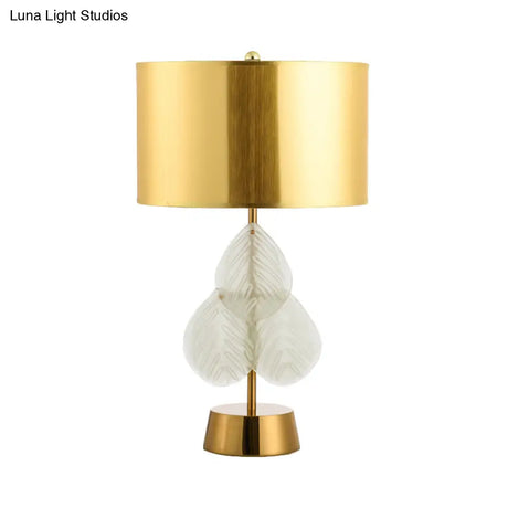 Vintage Drum Glass Table Lamp - White/Gold Finish With Crystal Leaf Decoration 1-Light Bedside
