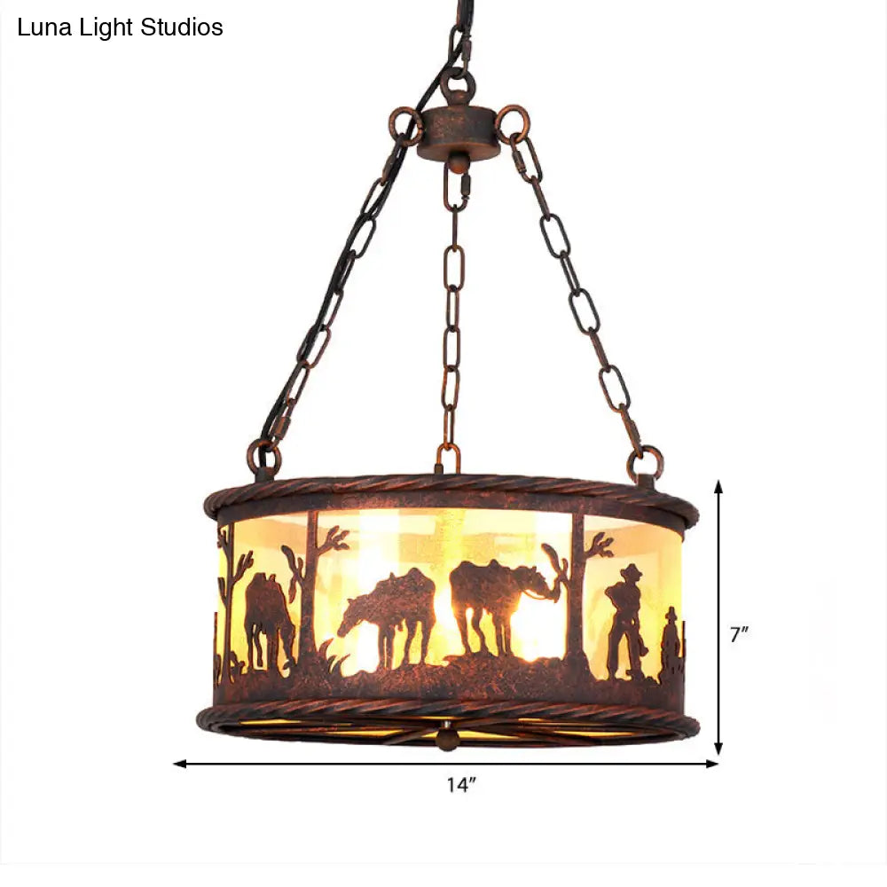 Vintage 3-Bulb Ceiling Lamp: Metal/Fabric Drum Shade Chandelier Pendant Light With Animal Pattern