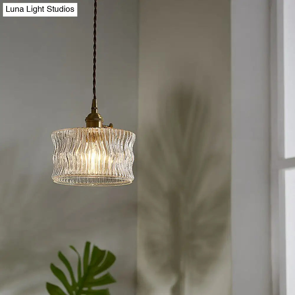 Vintage Drum Pendant Light With Clear Ribbed Glass Shade