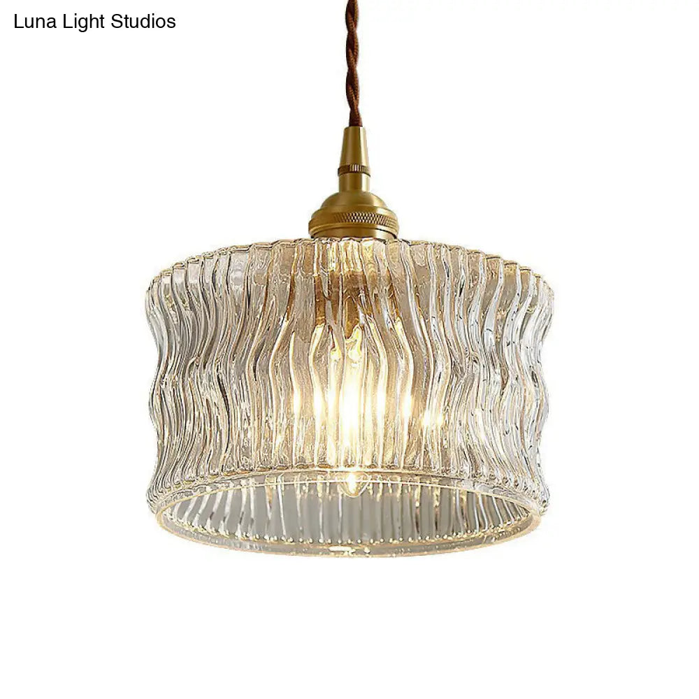 Vintage Drum Pendant Light With Clear Ribbed Glass Shade