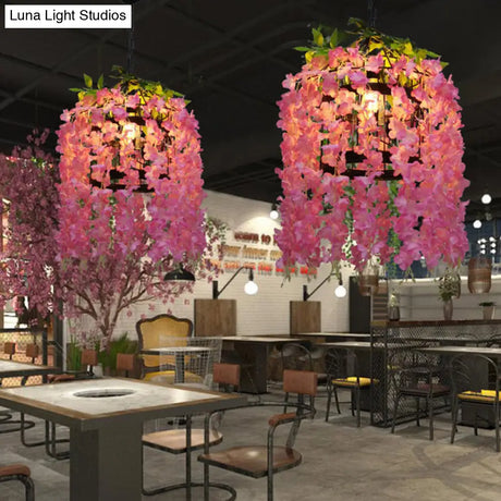 Vintage Drum Pendant Light - 1-Light Metal Led Flower Hanging Kit (Pink/Purple) For Restaurants