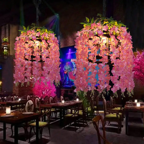 Vintage Drum Pendant Light - 1-Light Metal Led Flower Hanging Kit (Pink/Purple) For Restaurants Pink