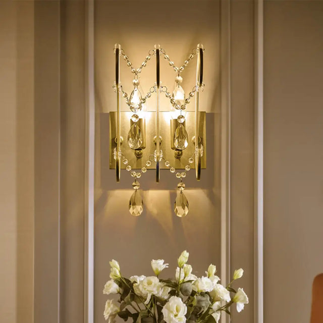 Vintage Exposed Sconce With Metallic Chrome Finish Clear Crystal Beads And 2 Bulbs For Living Room