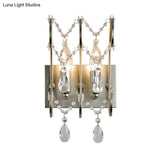 Vintage Exposed Sconce With Metallic Chrome Finish Clear Crystal Beads And 2 Bulbs For Living Room