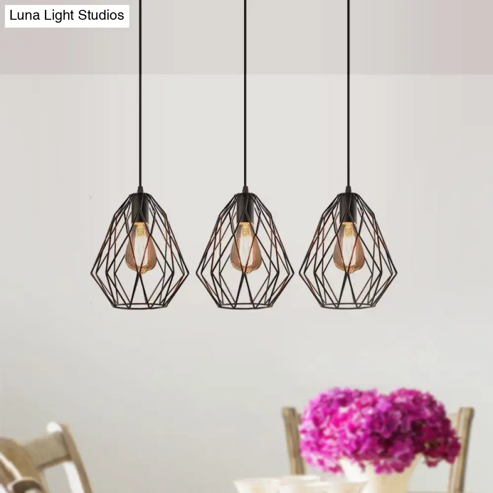 Vintage Faceted Cage Ceiling Fixture 3 Bulbs Pendant Lighting Black Metal For Dining Table
