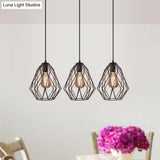 Vintage Faceted Cage Ceiling Fixture 3 Bulbs Pendant Lighting Black Metal For Dining Table