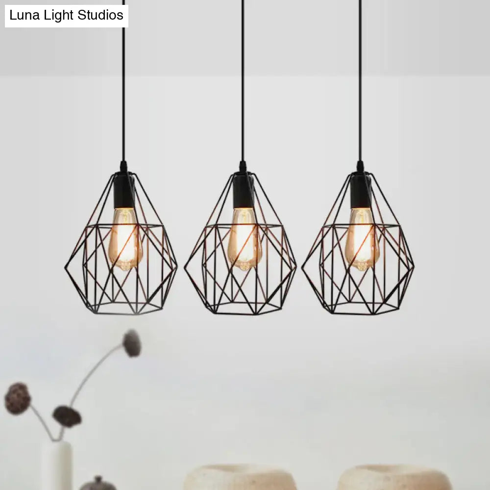 Vintage Faceted Cage Ceiling Fixture 3 Bulbs Pendant Lighting Black Metal For Dining Table