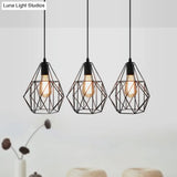 Vintage Faceted Cage Ceiling Fixture 3 Bulbs Pendant Lighting Black Metal For Dining Table
