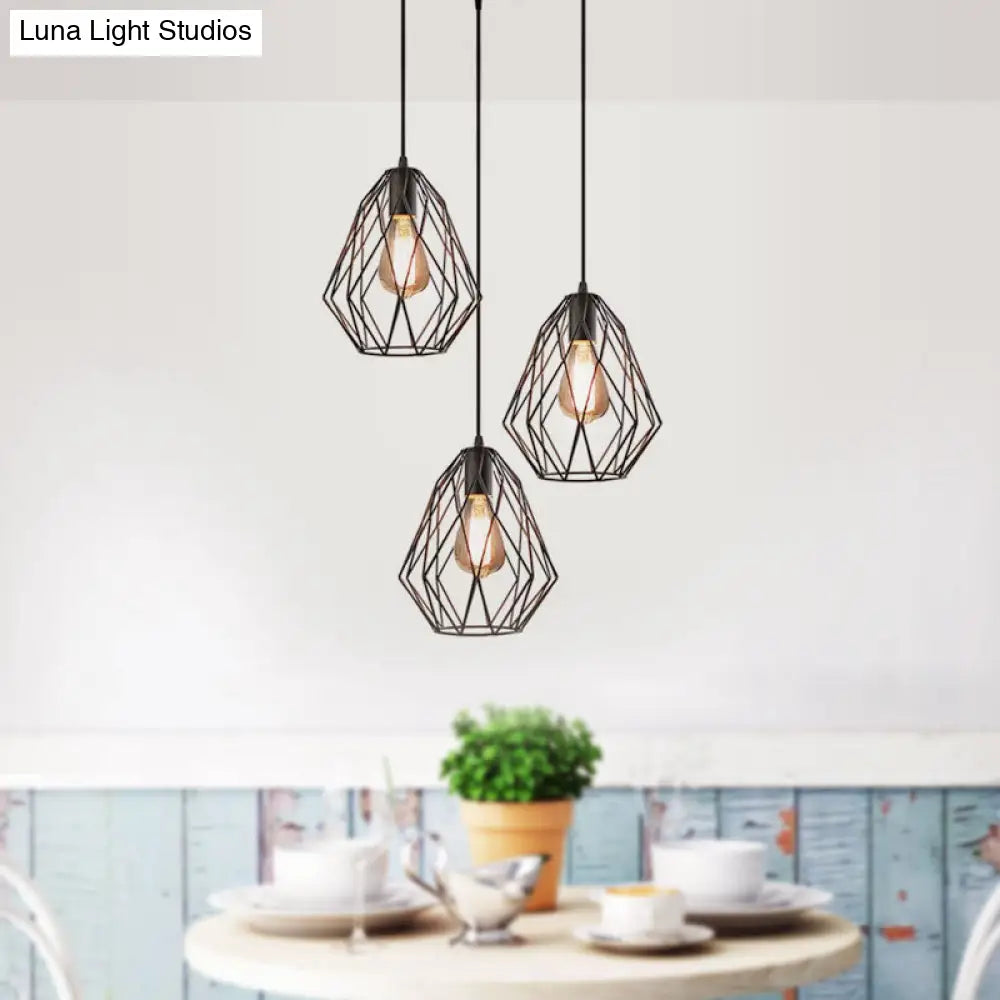 Vintage Faceted Cage Ceiling Fixture 3 Bulbs Pendant Lighting Black Metal For Dining Table