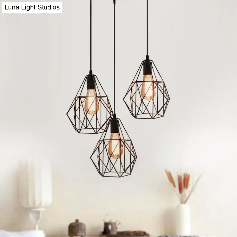 Vintage Faceted Cage Ceiling Fixture 3 Bulbs Pendant Lighting Black Metal For Dining Table