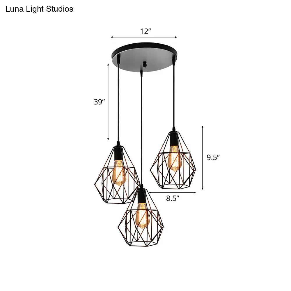 Vintage Faceted Cage Ceiling Fixture 3 Bulbs Pendant Lighting Black Metal For Dining Table