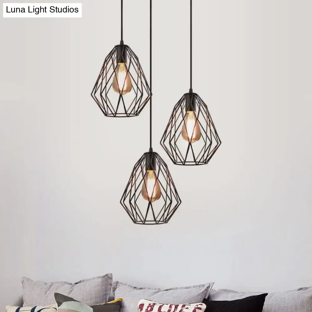 Vintage Faceted Cage Ceiling Fixture 3 Bulbs Pendant Lighting Black Metal For Dining Table