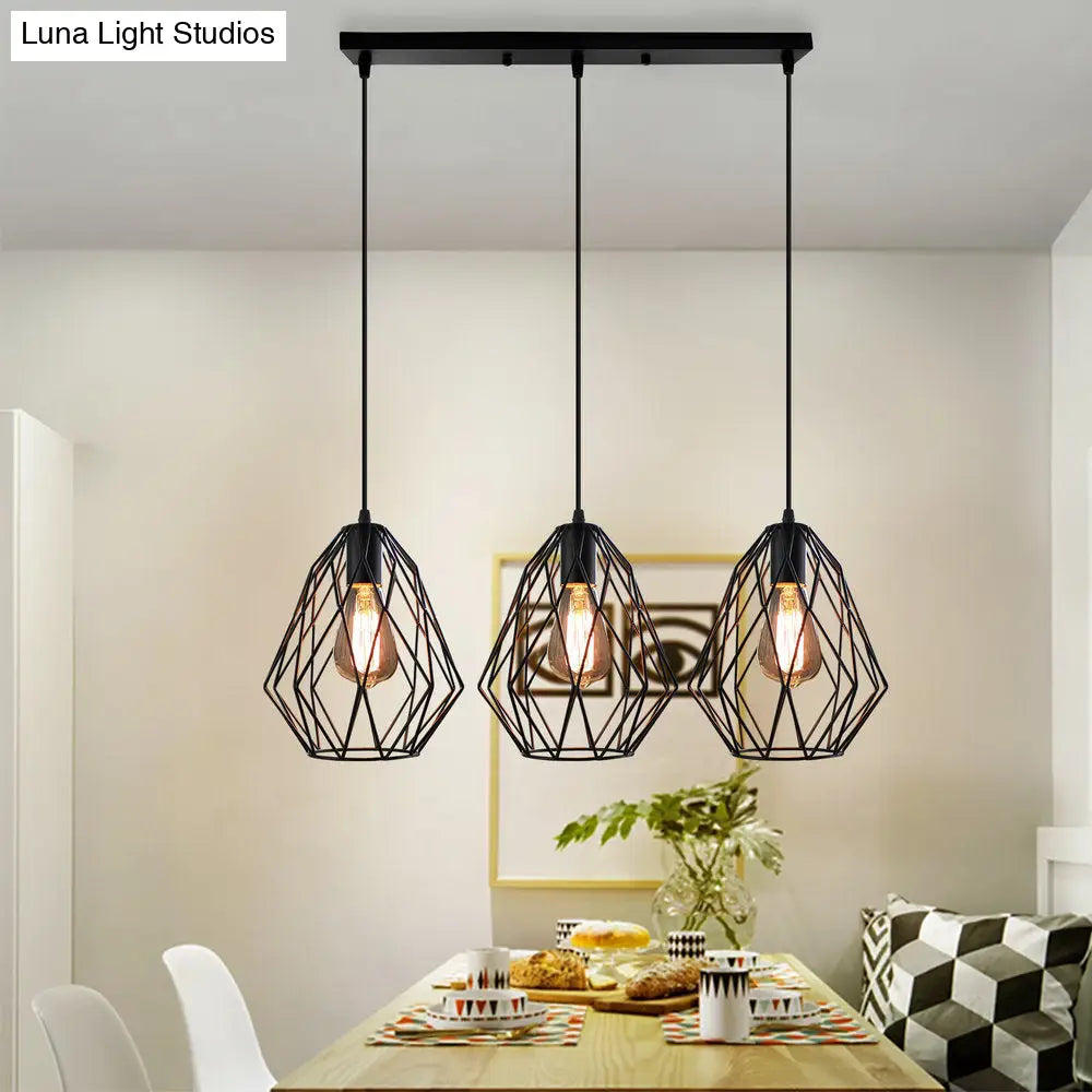 Vintage Faceted Cage Ceiling Fixture 3 Bulbs Pendant Lighting Black Metal For Dining Table