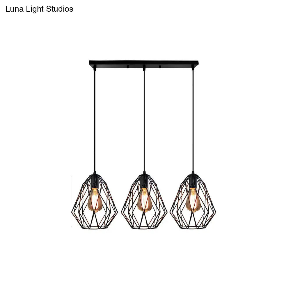 Vintage Faceted Cage Ceiling Fixture 3 Bulbs Pendant Lighting Black Metal For Dining Table