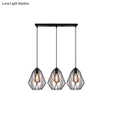 Vintage Faceted Cage Ceiling Fixture 3 Bulbs Pendant Lighting Black Metal For Dining Table