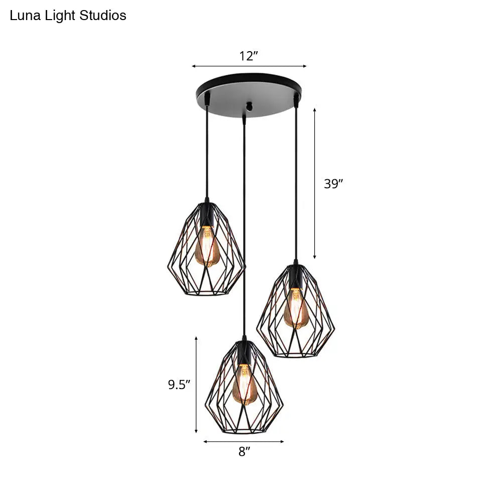 Vintage Faceted Cage Ceiling Fixture 3 Bulbs Pendant Lighting Black Metal For Dining Table