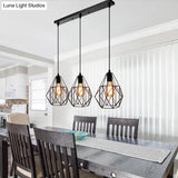 Vintage Faceted Cage Ceiling Fixture 3 Bulbs Pendant Lighting Black Metal For Dining Table