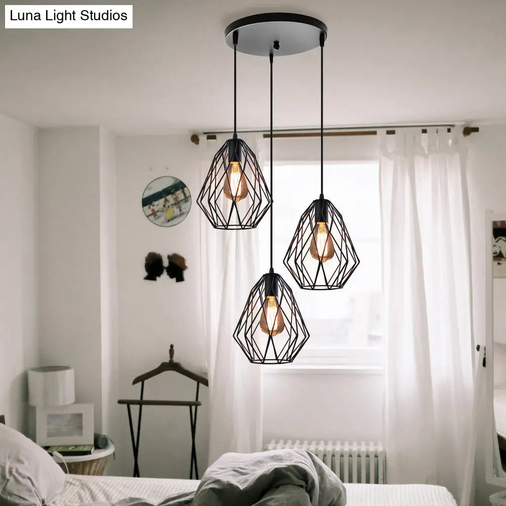 Vintage Faceted Cage Ceiling Fixture 3 Bulbs Pendant Lighting Black Metal For Dining Table