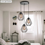 Vintage Faceted Cage Ceiling Fixture 3 Bulbs Pendant Lighting Black Metal For Dining Table