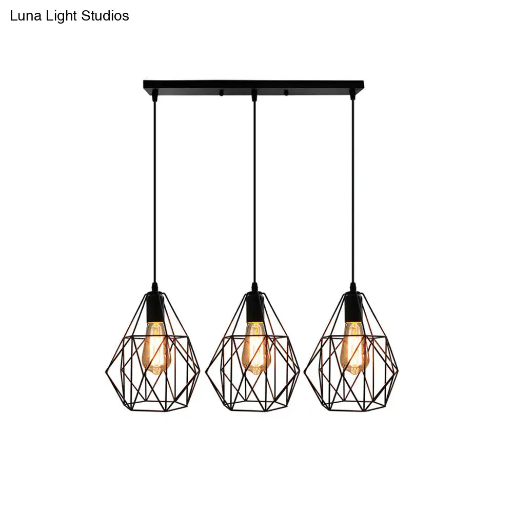 Vintage Faceted Cage Ceiling Fixture 3 Bulbs Pendant Lighting Black Metal For Dining Table