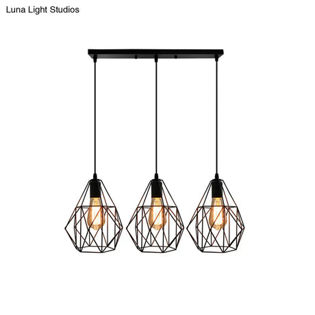 Vintage Faceted Cage Ceiling Fixture 3 Bulbs Pendant Lighting Black Metal For Dining Table