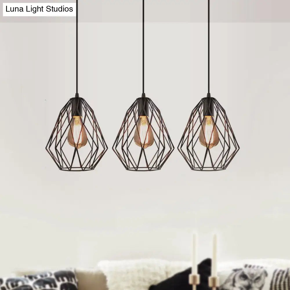 Vintage Faceted Cage Ceiling Fixture 3 Bulbs Pendant Lighting Black Metal For Dining Table