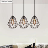 Vintage Faceted Cage Ceiling Fixture 3 Bulbs Pendant Lighting Black Metal For Dining Table