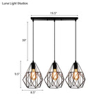 Vintage Faceted Cage Ceiling Fixture 3 Bulbs Pendant Lighting Black Metal For Dining Table