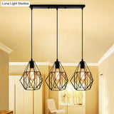 Vintage Faceted Cage Ceiling Fixture 3 Bulbs Pendant Lighting Black Metal For Dining Table