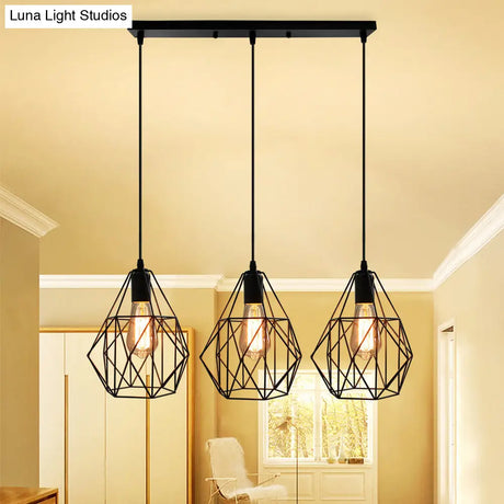 Vintage Faceted Cage Ceiling Fixture 3 Bulbs Pendant Lighting Black Metal For Dining Table