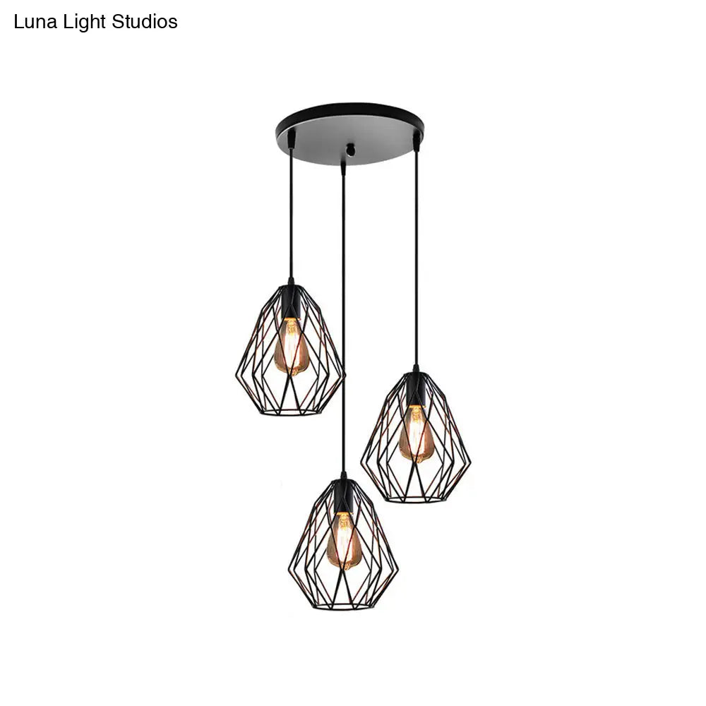 Vintage Faceted Cage Ceiling Fixture 3 Bulbs Pendant Lighting Black Metal For Dining Table
